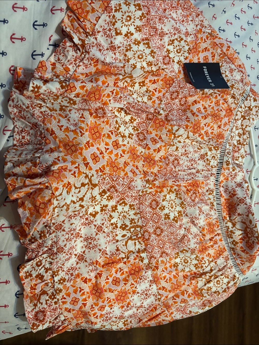 Forever 21 Orange and Cream Floral Ruffle Blouse